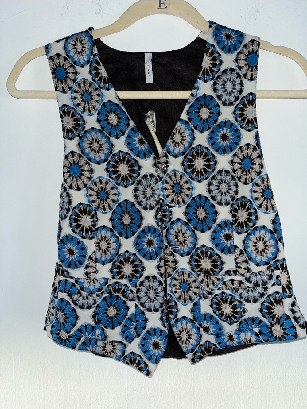 Patterned V-Neck Vest in Blue, Black & White - Women Jackets & Coats